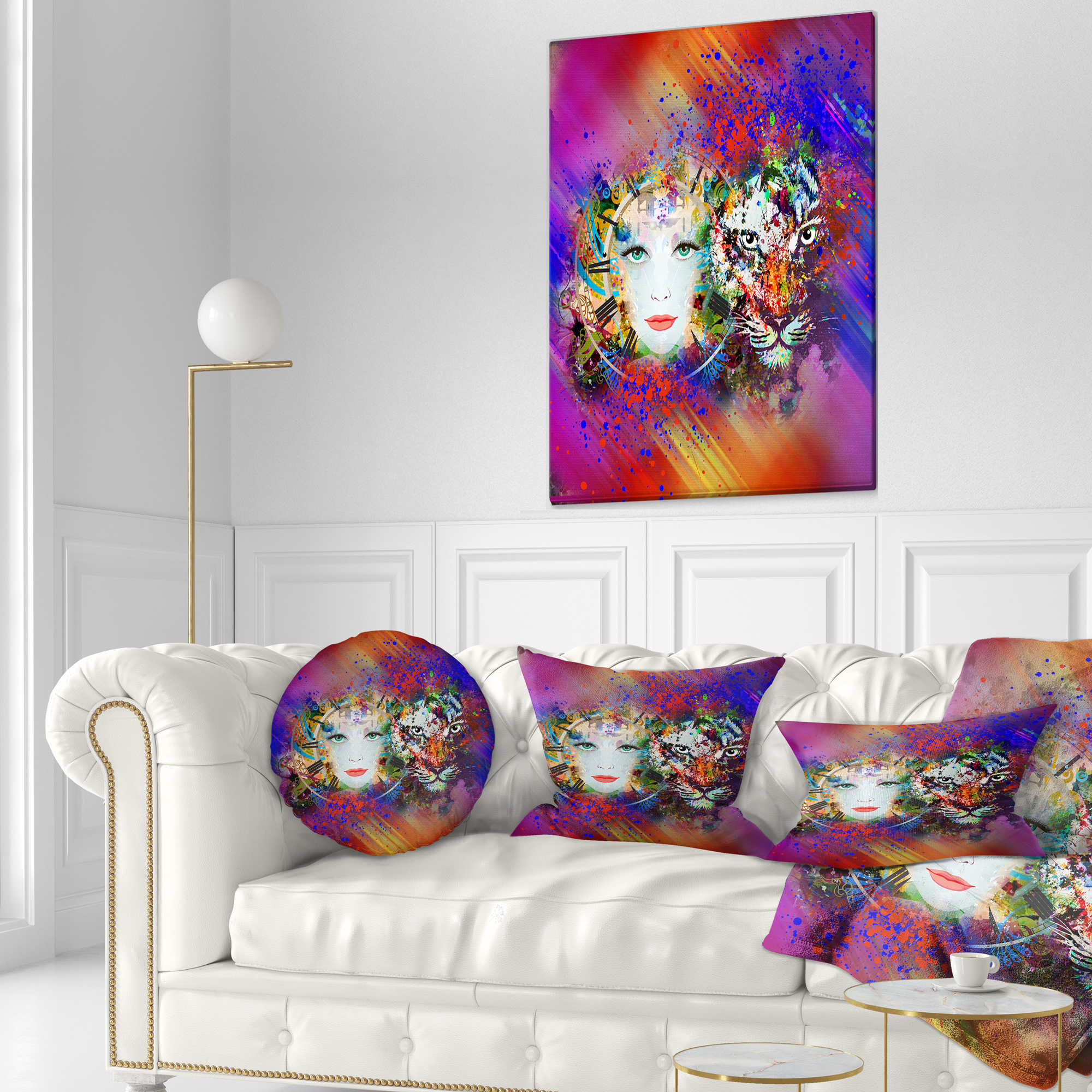 Designart Colorful Tiger and Woman Face - Abstract Throw Pillow - 12x20
