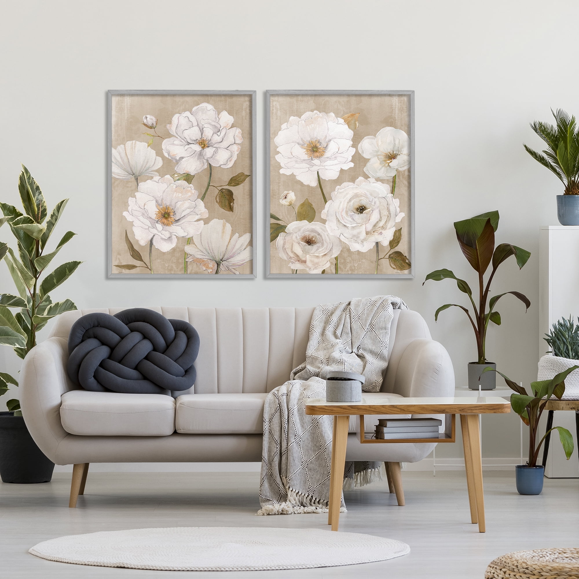 Stupell Industries White Blooms over Neutral 2 Piece Gray Framed Giclee Art Set, design by Carol Robinson