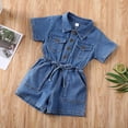 thumbnail image 3 of FNNMNNR Toddler Kids Baby Girl Denim Lapel Short Sleeve Pocket Button Jumpsuit Blue 1-2 Years, 3 of 10
