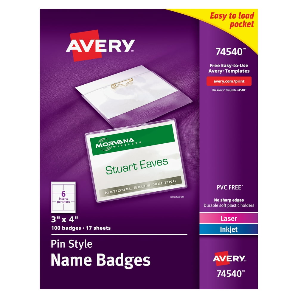 Avery Pin Style Name Badges, Print or Write, 3" x 4", Pins Securely
