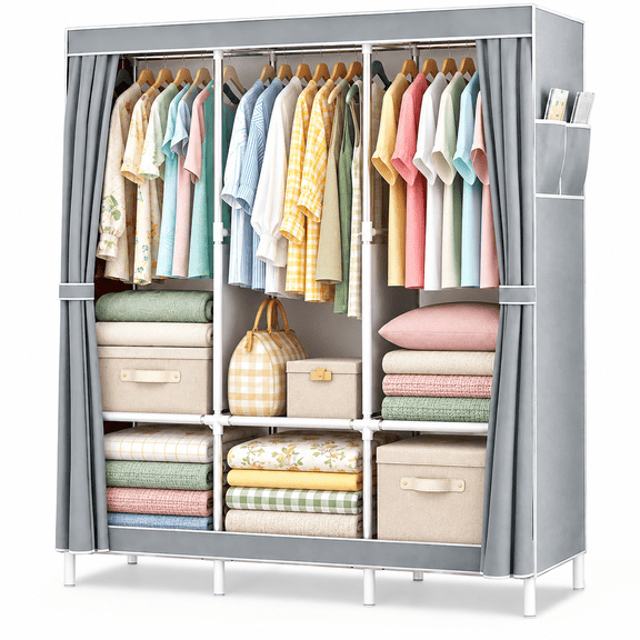 ICREOPRO Portable Closet Storage Organizer, Large Clothes Wardrobe with 3 Hanging Areas, Storage Shelves, Side Pockets & Fabric Cover, Tool-Free Portable Wardrobe Closet, Gray