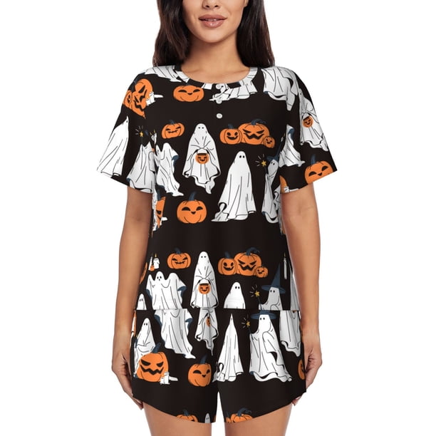 Fotbe Halloween Ghosts And Pumpkins Conjunto de Pijama Estampado para Mujer, 2 Piezas, Ropa de Dormir con Camiseta de Manga Corta y Shorts Suaves-Small