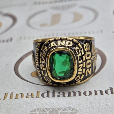 Personalized Men's for 2008 Style High School Ring with Green Color Center, Custom Name & Year Engraved 925 Sterling Silver