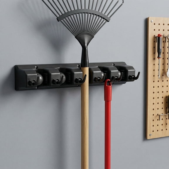 Aemutady 2-Pack Broom & Mop Holder Wall Mount, 5 Slots 6 Hooks, Heavy Duty Garage Garden Tool Organizer, Black