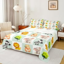 Manfei Kawaii Elephant Lions Twin Sheet Sets,Wild Zebra Bear Twin Fitted Sheet,Green White Plaid Flat Sheet For Boys Teens,Ultra Soft Home Decor,3 Pieces