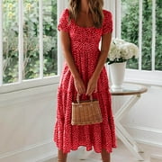 VKEKIEO Summer Dress,Flowy,Women,Square Neckline Short Sleeve Printed Red L