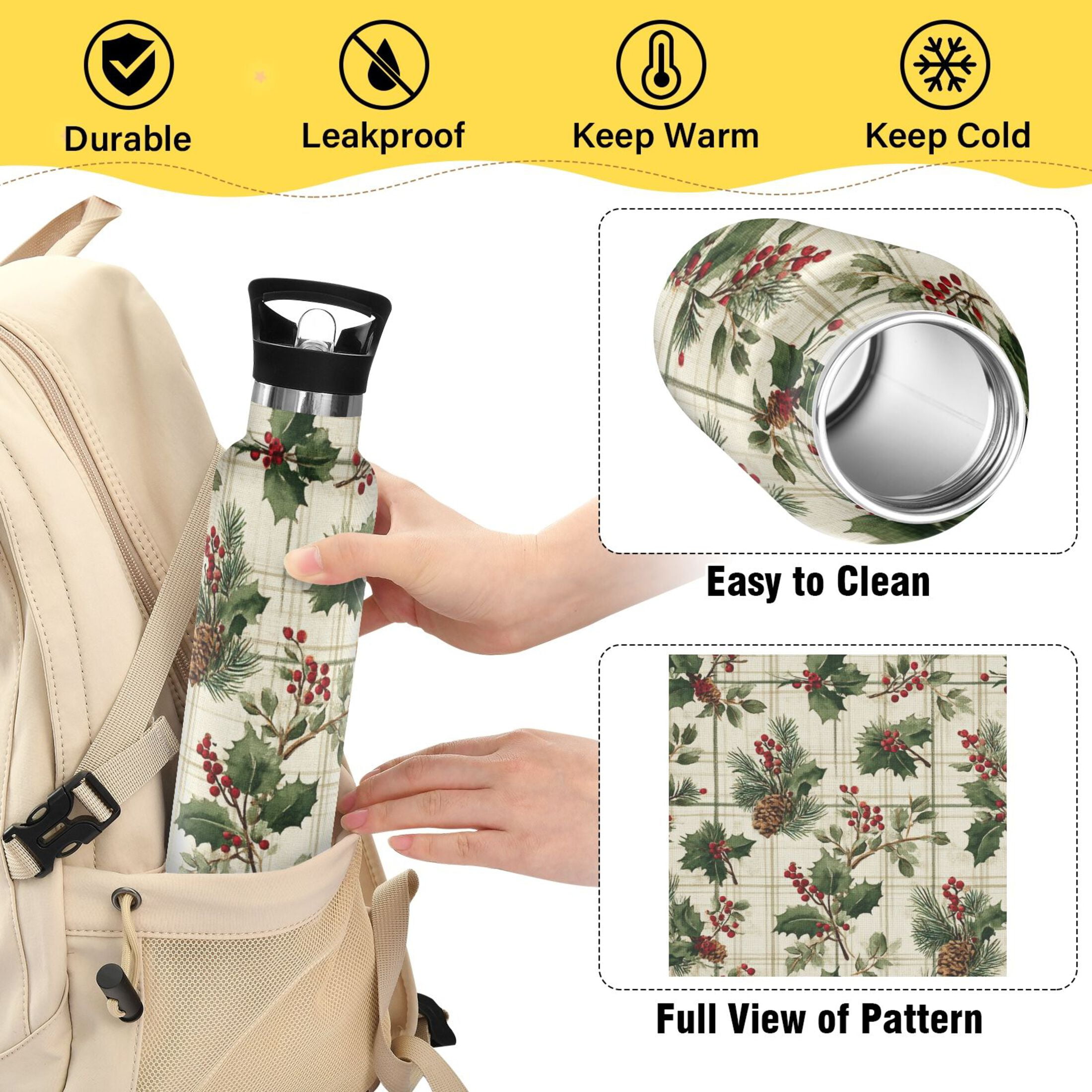 Kids Insulated Stainless Steel Sports Water Bottle 600ml (20oz) Pine Boughs and Holly Pattern
