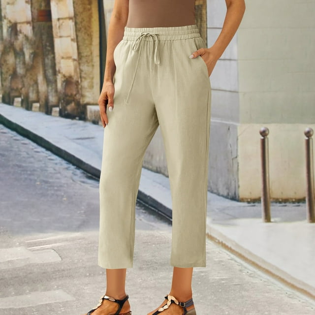 JMKQLZ Women'S Spring Solid Color Lace-Up With Cotton And Linen All Straight Leg Casual Pants