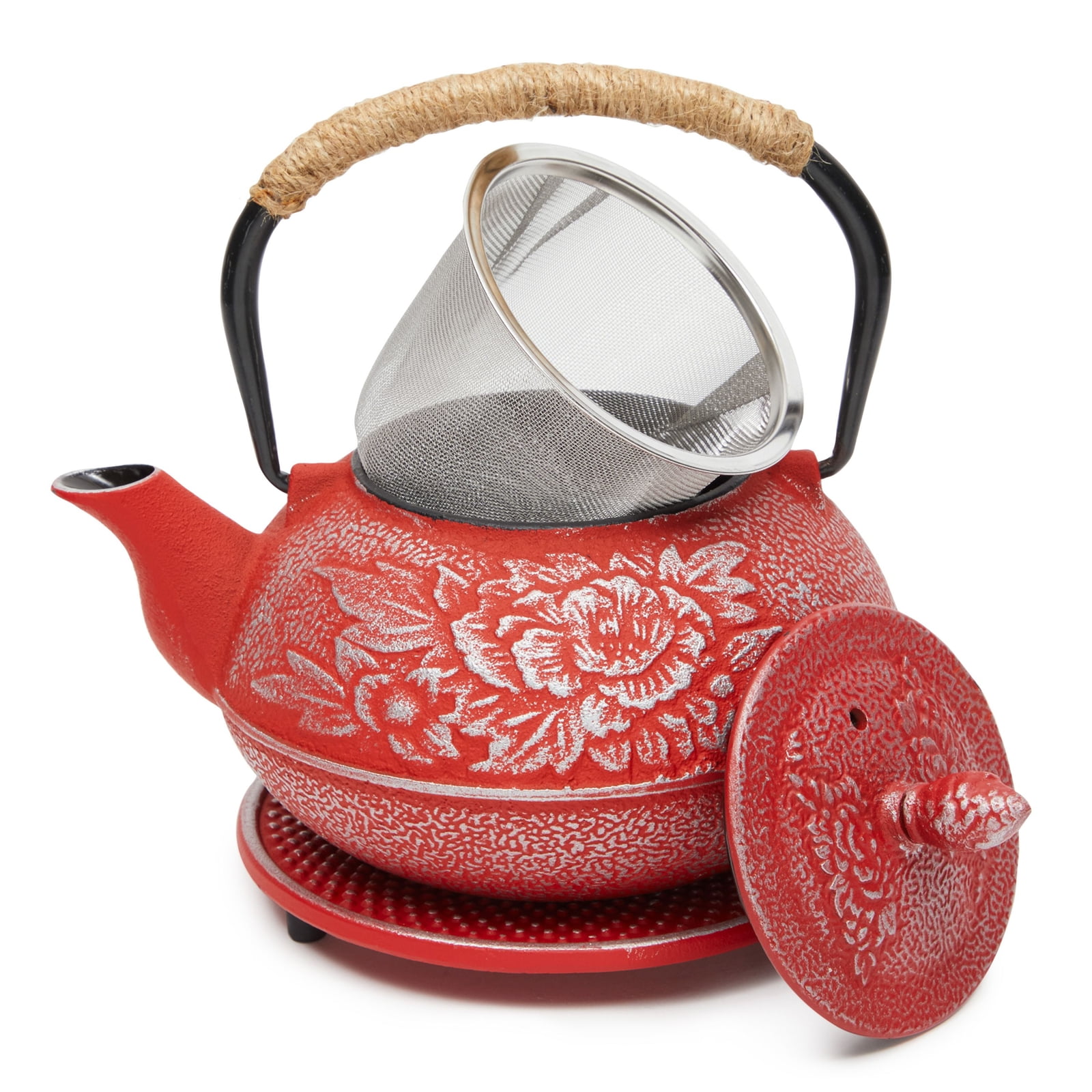 Matte Grey Japanese Tea Set with Infuser for Loose Tea 27 Ounce Modern Porcelain Tea Pot with 2 Teacups & Rattan Coasters for Women Gift ZENS Ceramic Teapot Set 