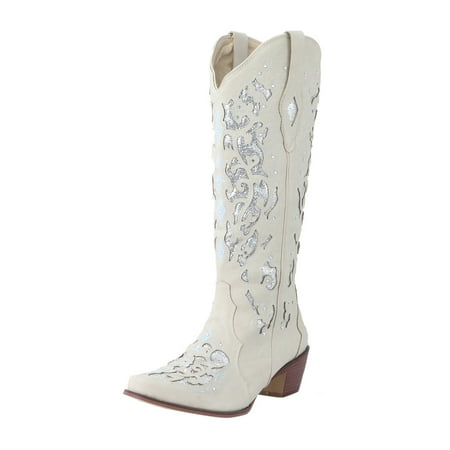 

For Women Low Western Rhinestone Heel Boots High Rodeo Knee Studded Embroidered Chunky Boots Cowboy women s boots