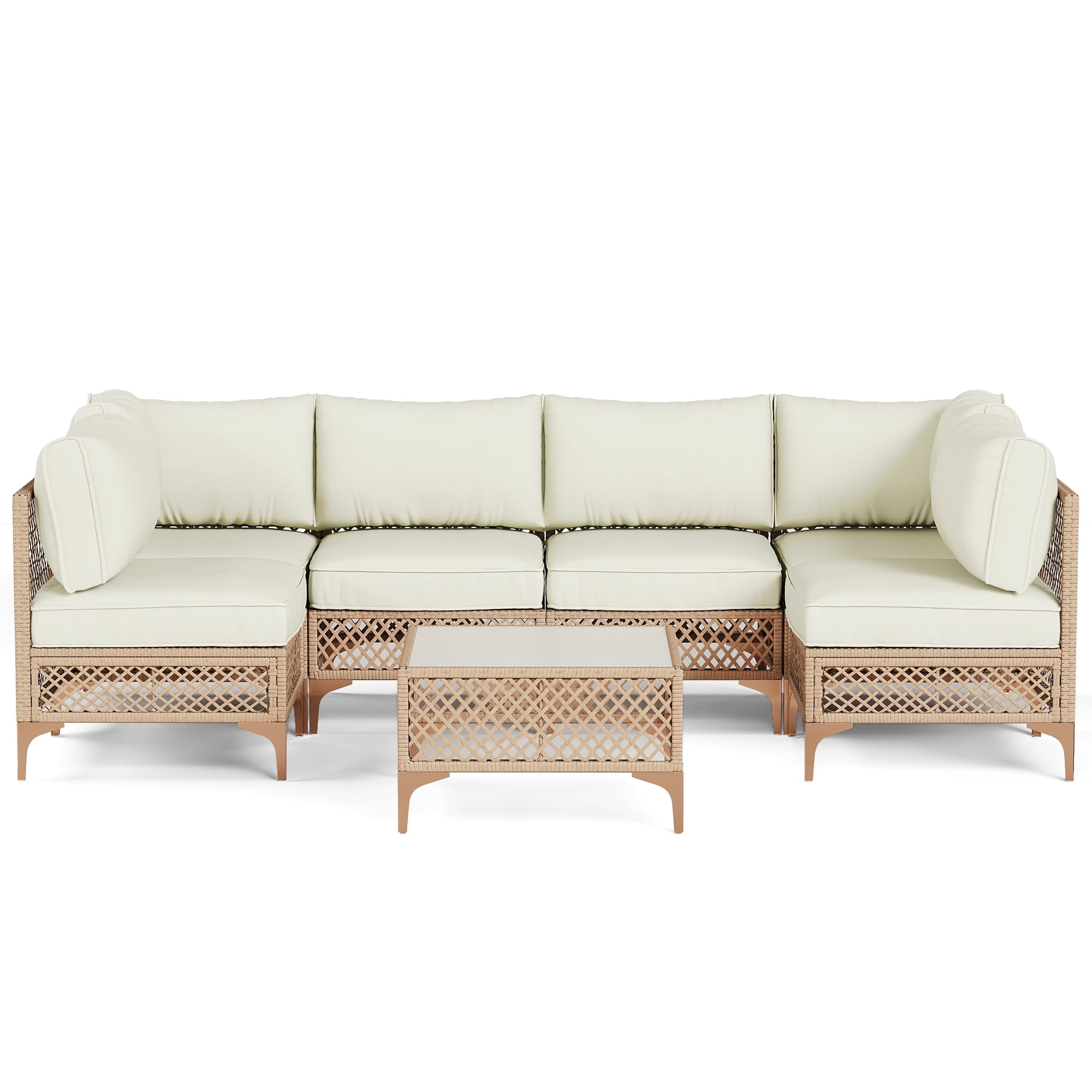 LAZZO 7-Piece Patio Furniture Set, Outdoor Wicker Conversation Set with Thick Cushions & Coffee Table for Backyard and Garden, Beige