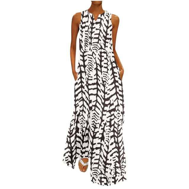 SMihono Robe Maxi Bohème d'Été pour Femmes Grande Taille Mode d'Été Imprimée Col en V Sans Manches Robe à Enfiler avec Poches Robe de Plage