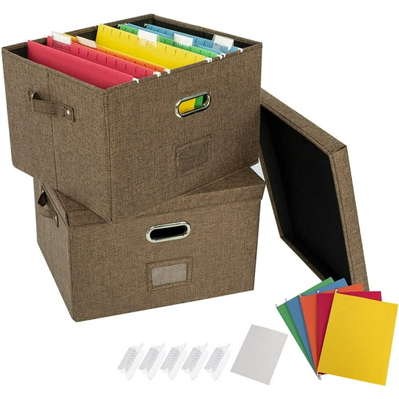2 File Organizer Box Office Document Storage with Lid, School Collapsible Linen Hanging Filing Organization, Home Portable Storage with Handle, Letter Size Legal Folder