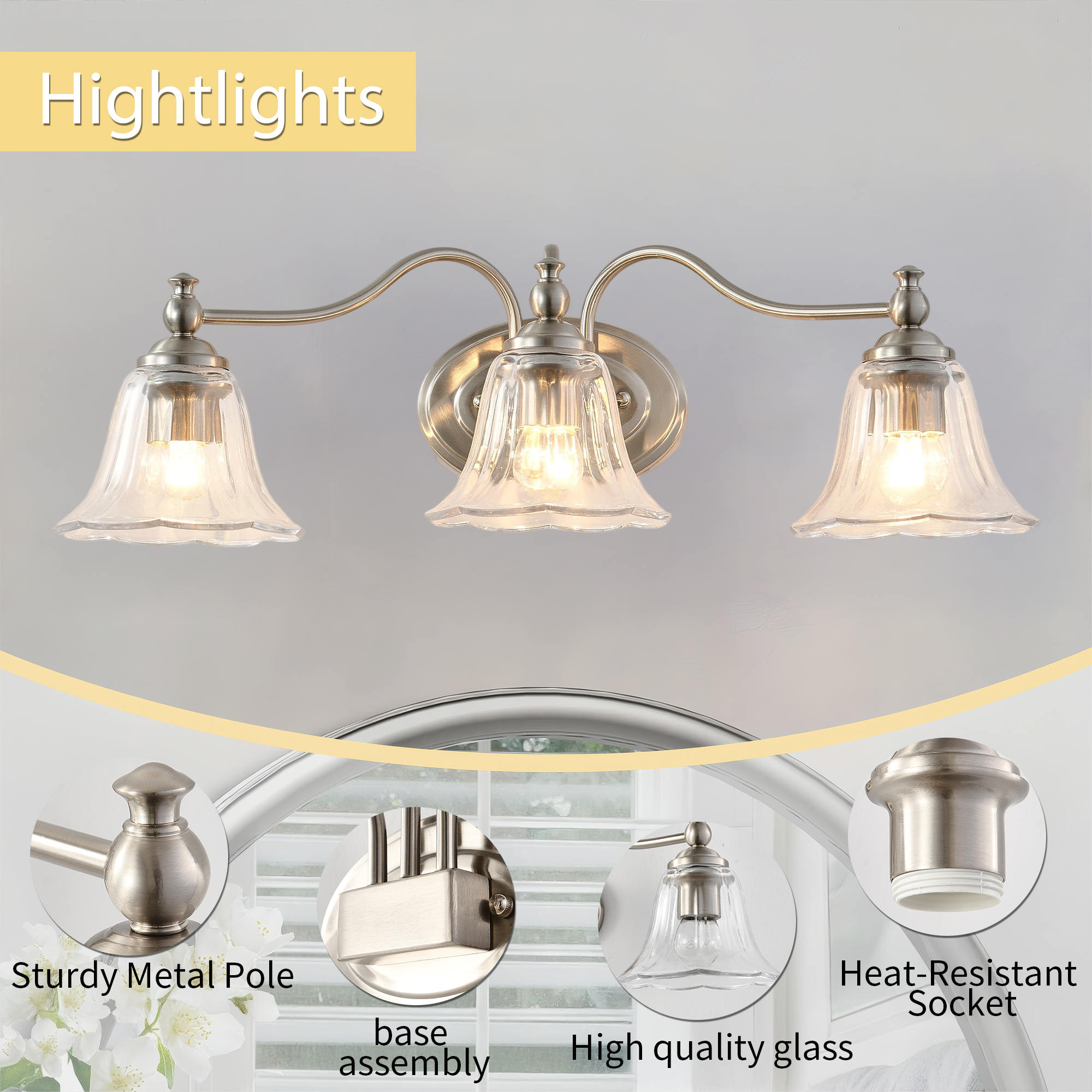 Brushed Nickel Vintage 3-Light Vanity Light, Bathroom Mirror Light with Floral Glass Shades, Farmhouse Wall Sconce for Bedroom