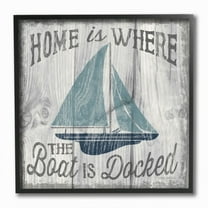 Stupell Industries Nautical Home is Where The Boat Is Blue White Rustic Sign Framed Wall Art Design by Laura Marshall, 12" x 12", Black Framed