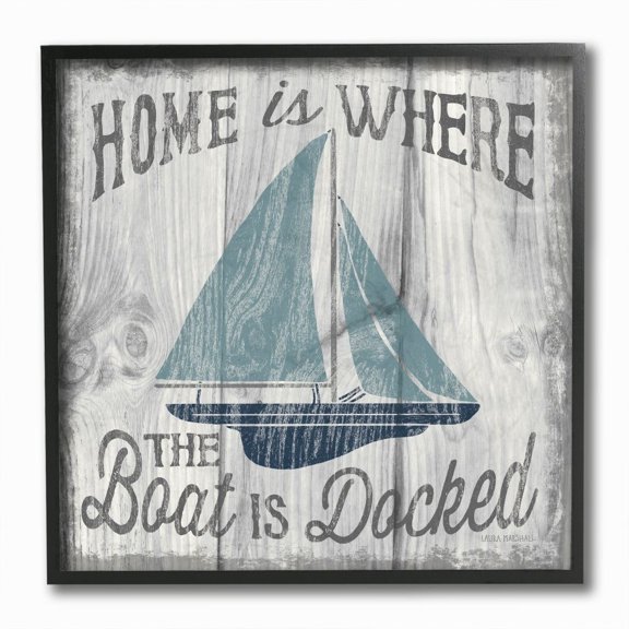 Stupell Industries Nautical Home is Where The Boat Is Blue White Rustic Sign Framed Wall Art Design by Laura Marshall, 12" x 12", Black Framed