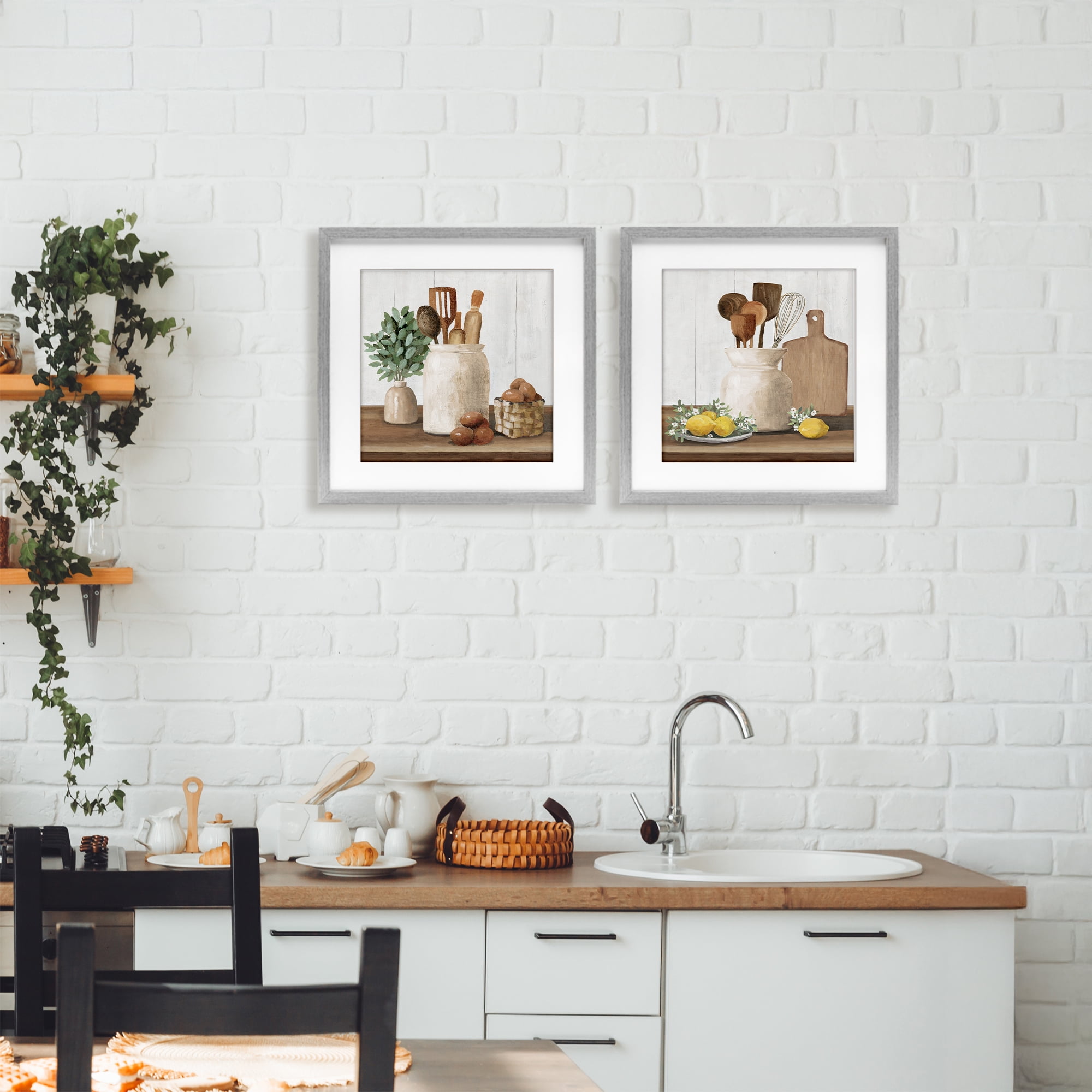 Stupell Industries Country Kitchen Setup 2 Piece Gray Framed Print Under Glass Set, design by White Ladder