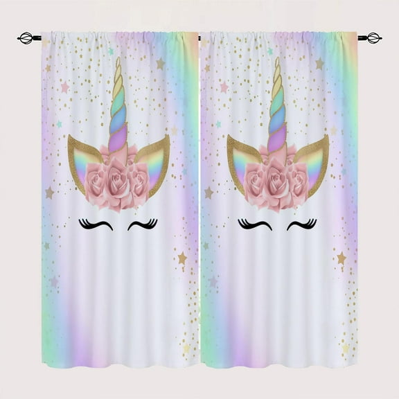 Rainbow Flower Unicorn Blackout Curtains for Kid Girls Boys Bedroom, Fantasy Cute Art Cartoon Rod Pocket Window Drapes for Bedroom Living Room, W42 x L63 Inch