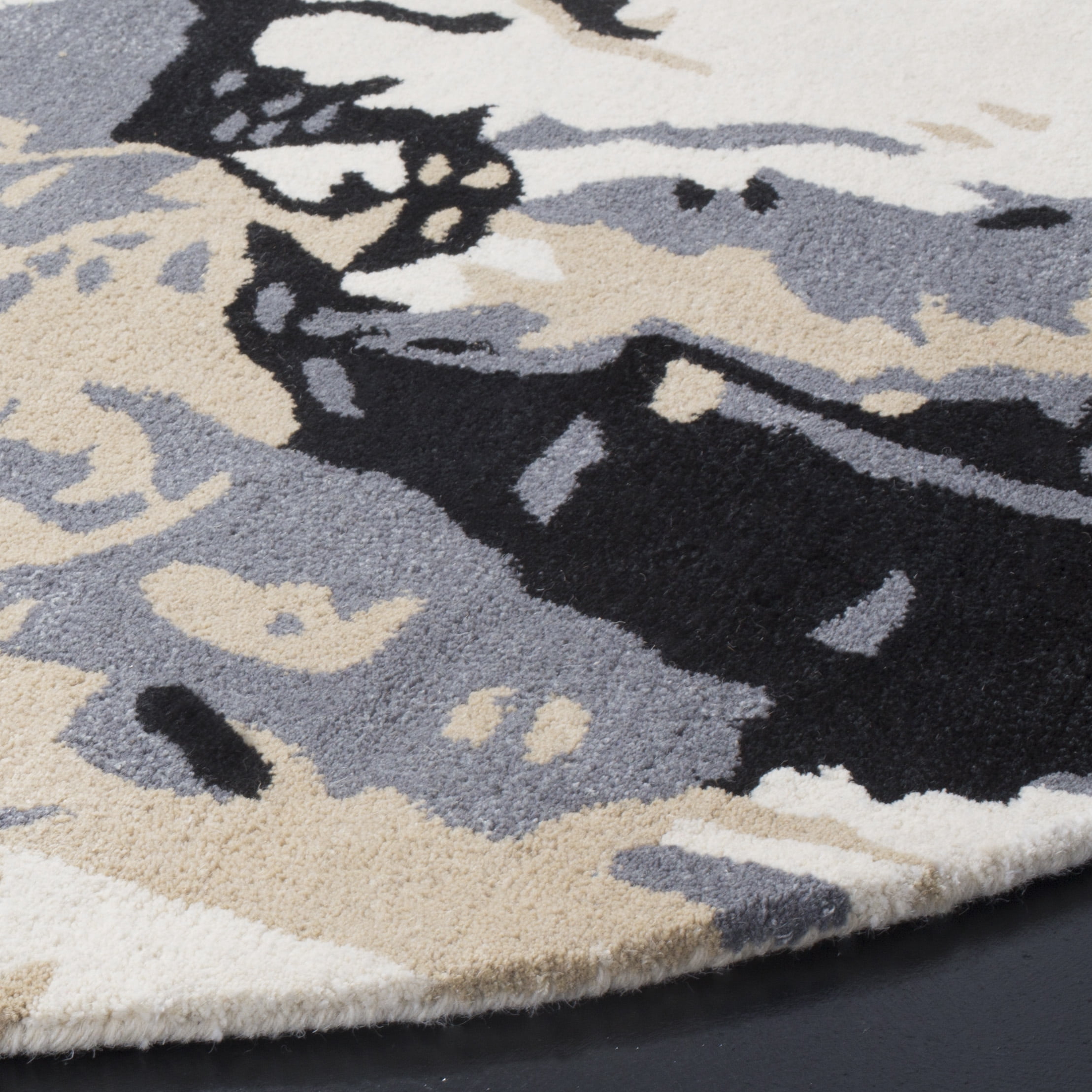 SAFAVIEH Bella Christiana Abstract Paint Splatter Wool Area Rug, Ivory/Grey, 5' x 5' Round