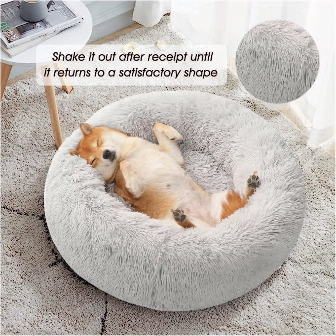 Show Tail Donut Dog Bed with Cozy Stress Relief Material Non Skid Bottom and Machine Washable Pet Mattress for Dog Sleeping Size Small Brown
