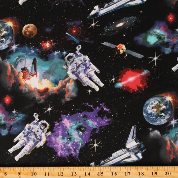 Cotton Rockets Spaceships Astronauts Moon Solar System In Space Black Cotton Fabric Print by the Yard (1298Black)