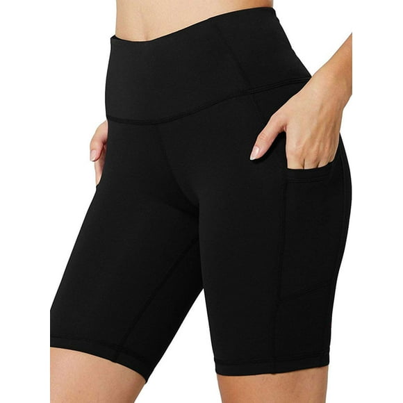 Deago Yoga Shorts for Women High Waist Workout Shorts Tummy Control Running Biker Shorts with Side Pockets (Black, L)
