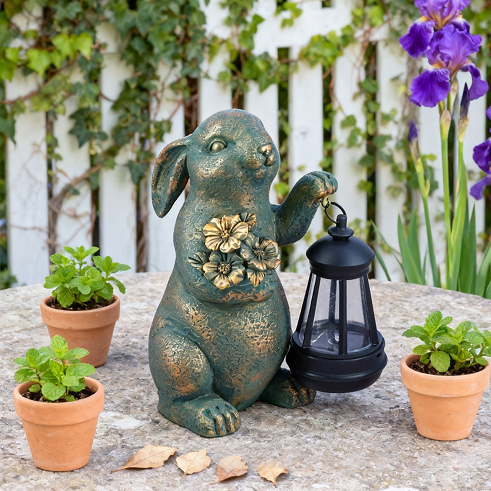 Clearance Garden Statues Rabbit with Solar Lantern Outdoor Bunny Figurines Decorations for Patio Yard Lawn Ornaments Gifts for Birthday Easter Housewarming