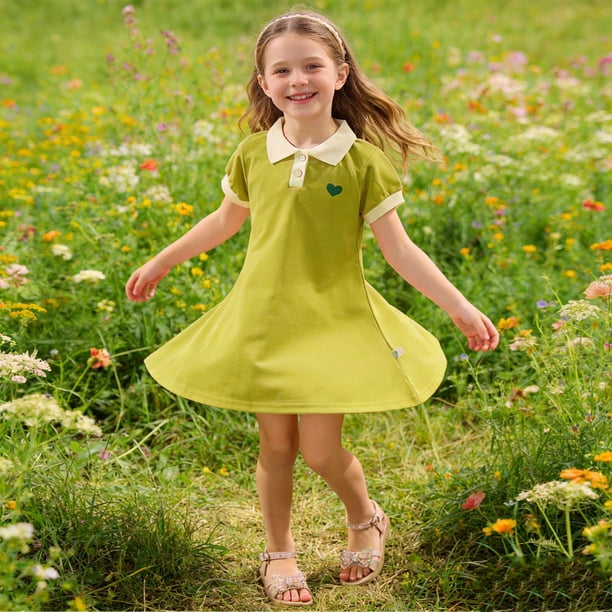 Miluxas Girls Ruffle Short Sleeve Polo Dress Cute Heart Print Uniform Dresses Green 2-3 Years