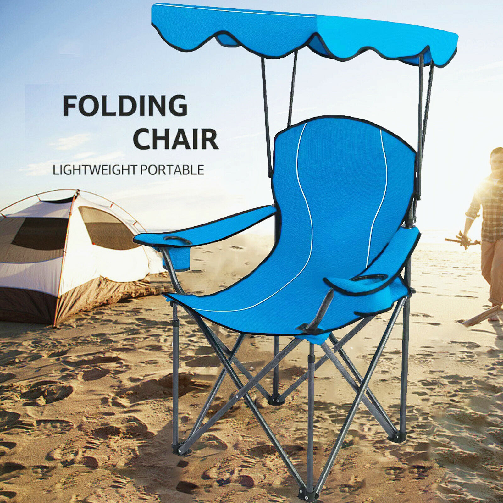 Heavy Duty Camping Chair with Canopy Shade and Cup Holder Foldable