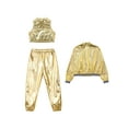 thumbnail image 4 of dPois 3Pcs Girls Metallic Hip Hop Dance Outfits Shiny Crop Top with Bomber Jacket and Pants Set Gold 16, 4 of 6