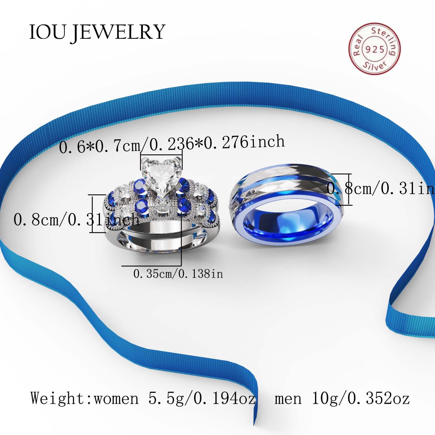 3pc Couples Wedding Ring Sets His And Hers Women Sterling Silver Blue Moissanite and men Wedding Bands Together With Ring Gift Jewelry Box