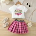 thumbnail image 3 of Mikrdoo 6 Years Kid Girls Outfits Skirts Sets Hawaii Car Letter Pattern Short-sleeved Tops Plaid Pleated Skirts 2Pcs Clothing Sizes 4-7 Pink, 3 of 9