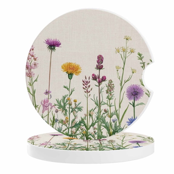 2 Pack Car Coasters Wildflowers Leaves Ceramic Car Cup Holder Coaster Floral Plant Retro Absorbent Drink Coasters Protects Interior from Spills, Car Interior Accessories