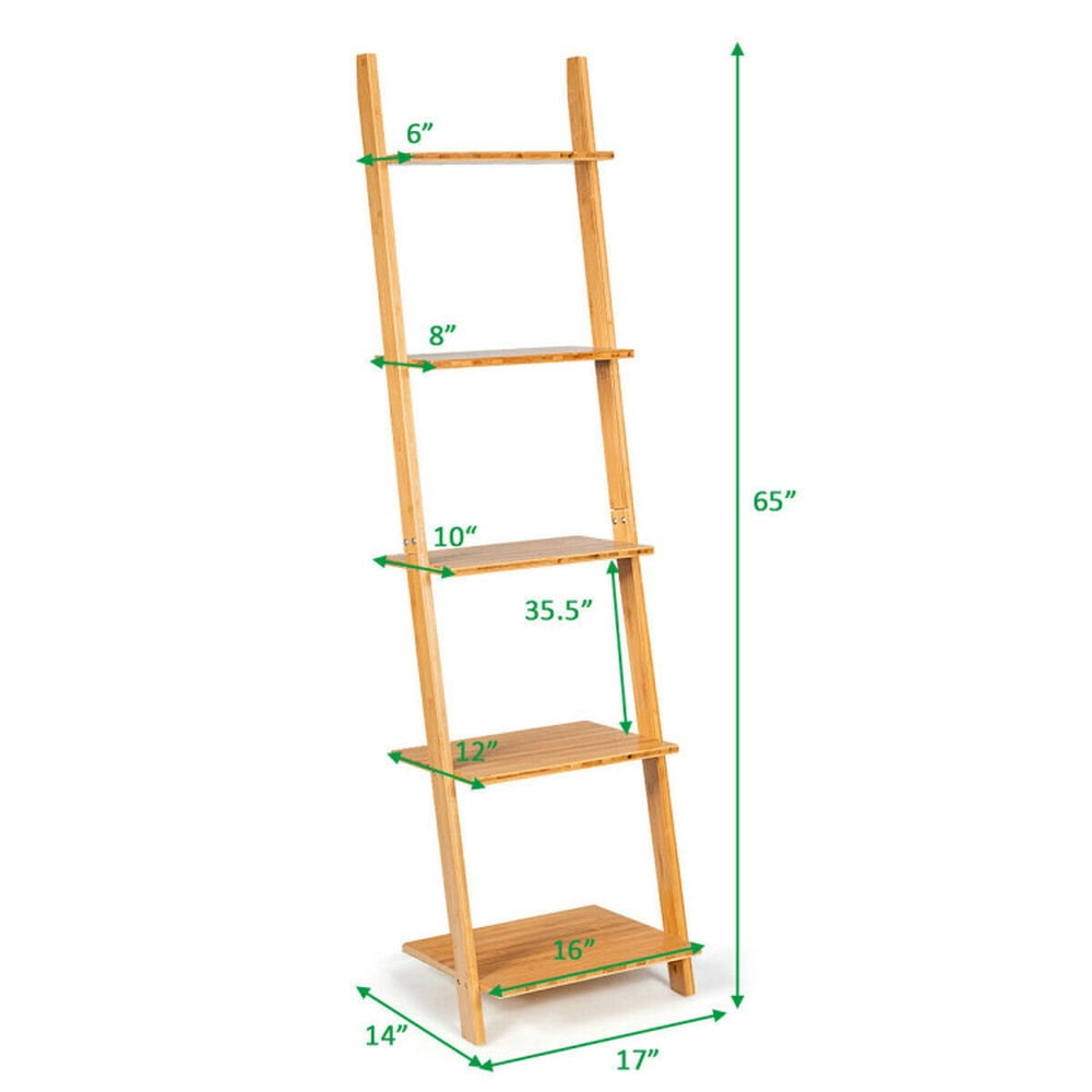 Demi Bonn 5-Tier Modern Bamboo Bookshelf, Wall-Leaning Display Ladder Storage Stand Rack, Beige