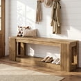 thumbnail image 6 of Finmind 63" Long Entryway Bench, Farmhouse Entry Shoe Bench with Storage Shelf, Wooden End of Bed Seat for Bedroom, Hallway, Living Room, Light Brown, 6 of 8