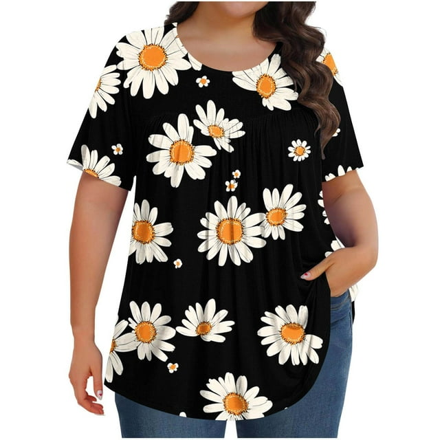 Blouse à Manches Courtes Imprimée pour Femmes Grande Taille Col Rond Pliée