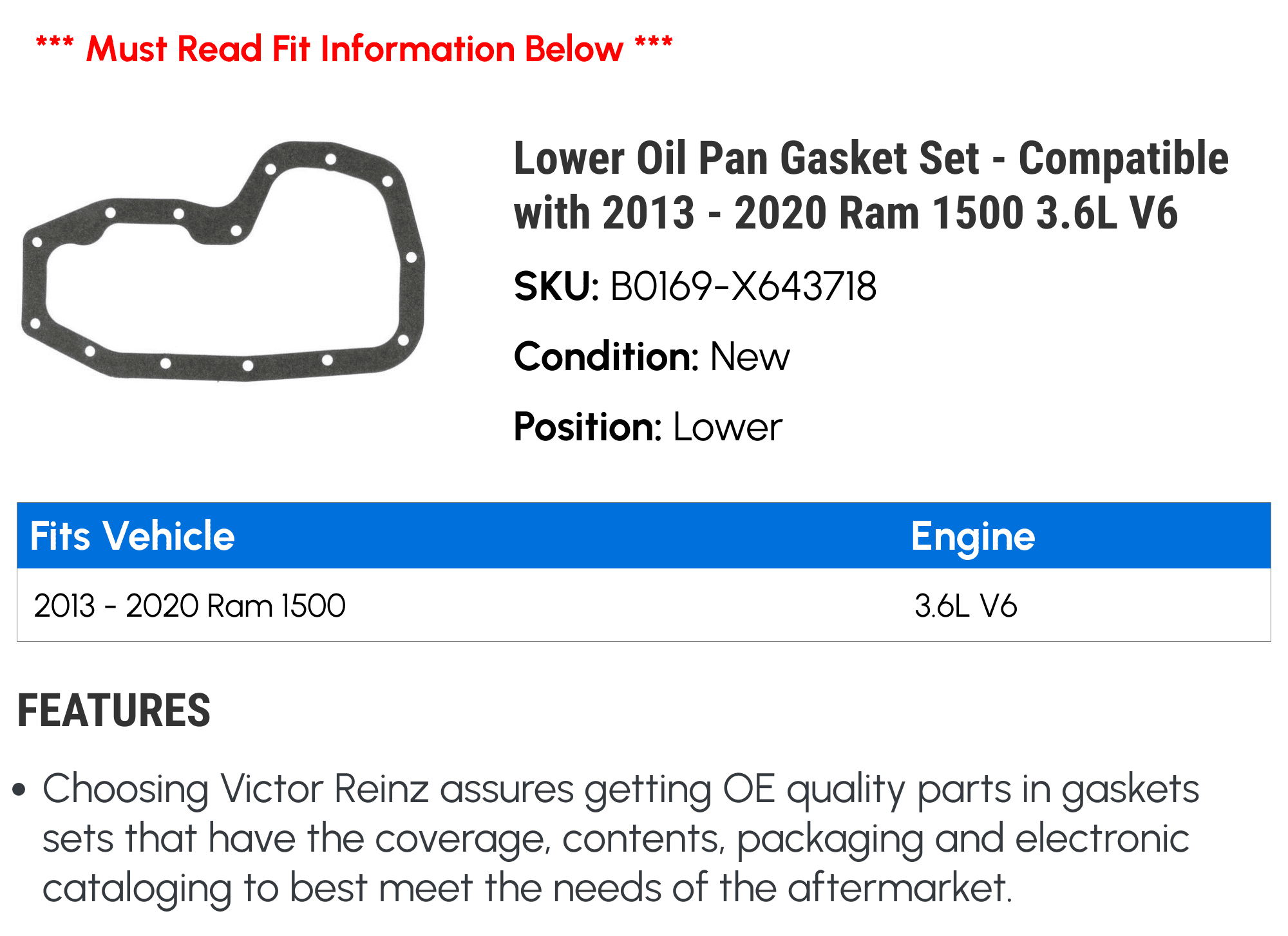 Lower Oil Pan Gasket Set - Compatible with 2013 - 2020 Ram 1500 3.6L V6 2014 2015 2016 2017 2018 2019
