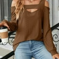 thumbnail image 4 of XFLWAM Cold Shoulder Tops for Women Casual Long Sleeve Tunic Tops Square Neck Cut Out Shirts Solid Color Loose fit Blouse Coffee L, 4 of 5