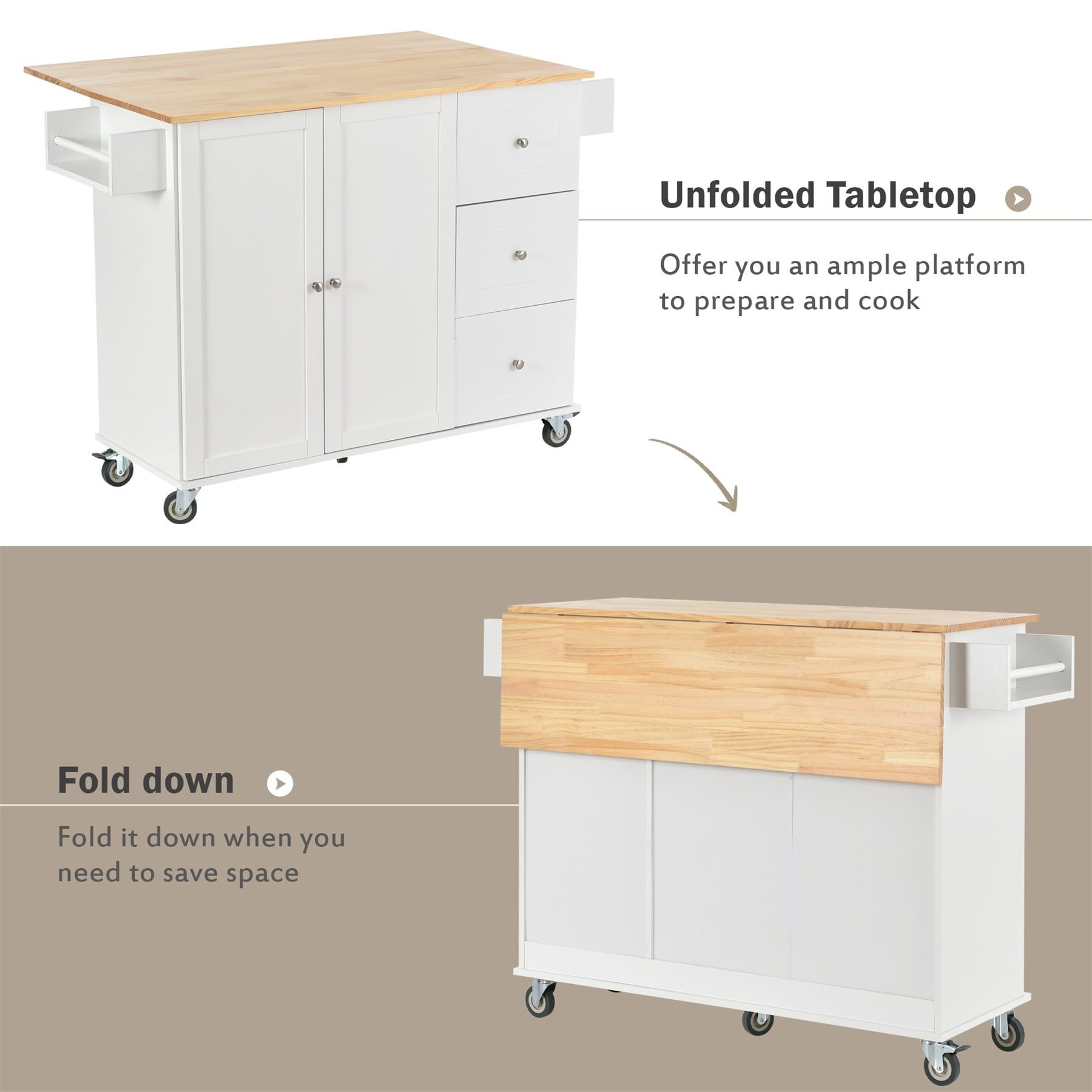 Alvantor 53'' Kitchen Island Carts, Mobile Buffet Cabinet with Drop Leaf, Spice Rack and Towel Rack for Dining Room Living Room White