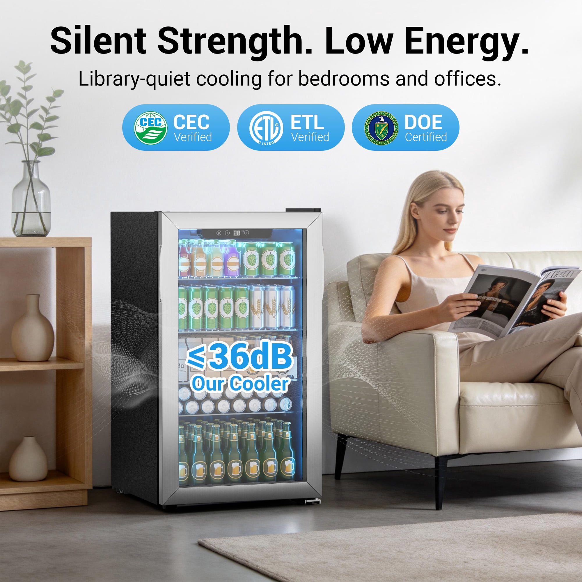 Snowyermine 130 Can Beverage Refrigerator and Cooler with Glass Door for Home, 17.3 in W, 31.5 in H, Silver