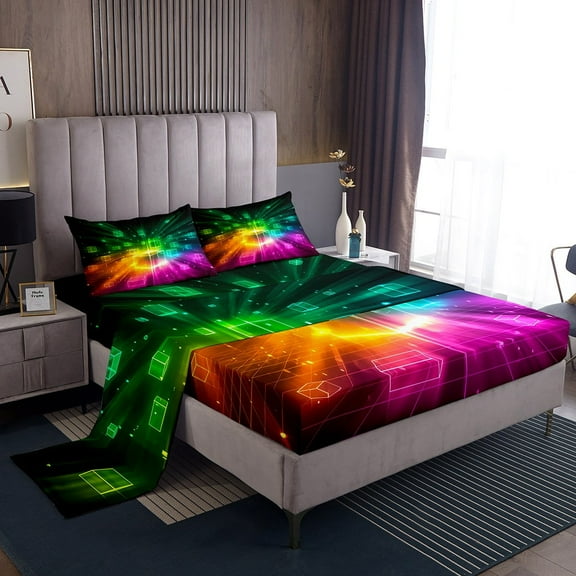 Erosebridal Futuristic Cubes Sheet Set Twin,Geometric Plaid Bedding Sets Twin Size,Grid Checkerd Twin Sheet Sets,Super Cozy Gradient Bedroom Decoration,3pcs
