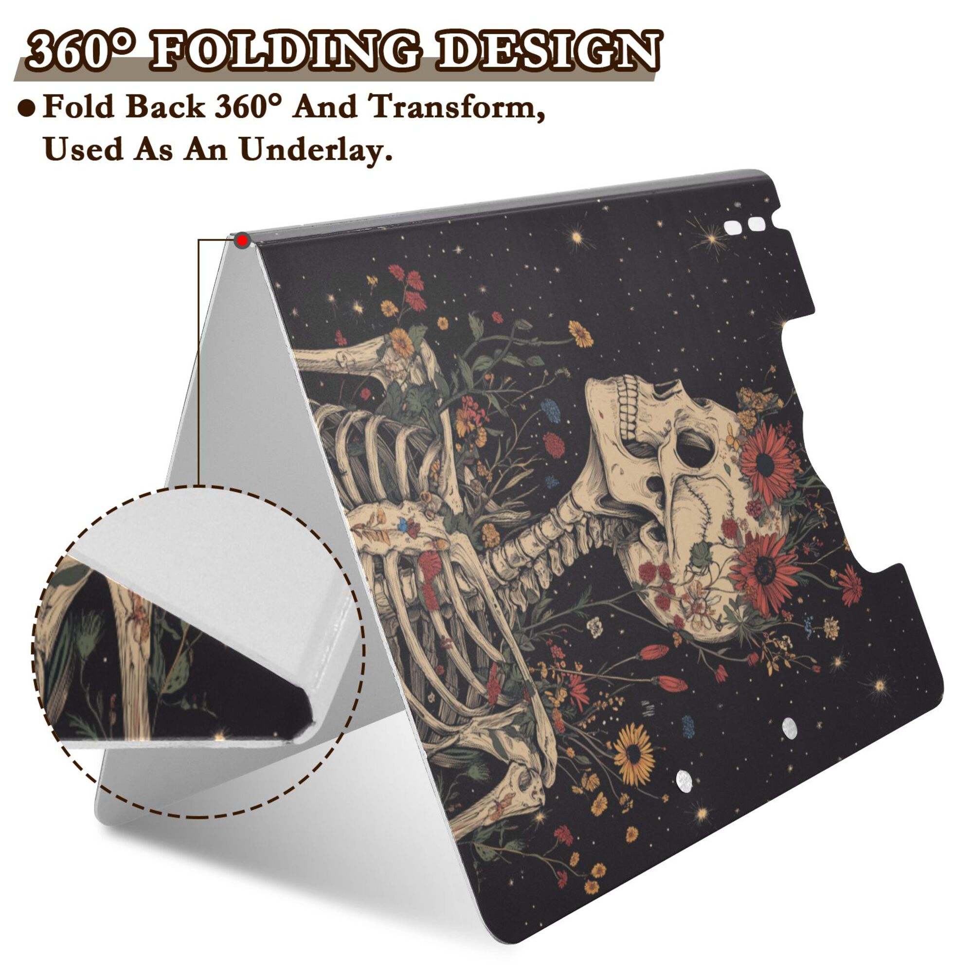 FORMRS A4 Clipboard Folder with Pen Holder Horizontal Foldable School Office Binder, Skeleton with Flowers Pattern