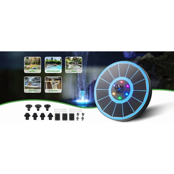 Solar Powered Pump with Colorful LED Lights - 8 Spray Modes, ABS Material, for Bird Baths, Ponds, Pools & Garden Decor black