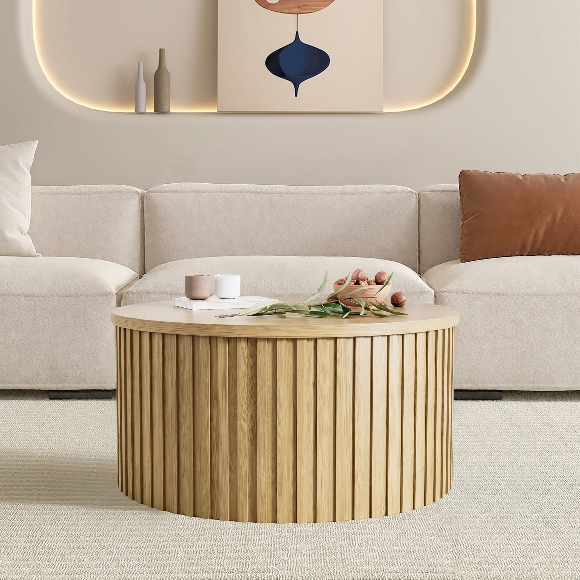 Round Coffee Tables for Living Room, Lift Top Coffee Table with Storage, Circle Center Table for Office, Wood Color