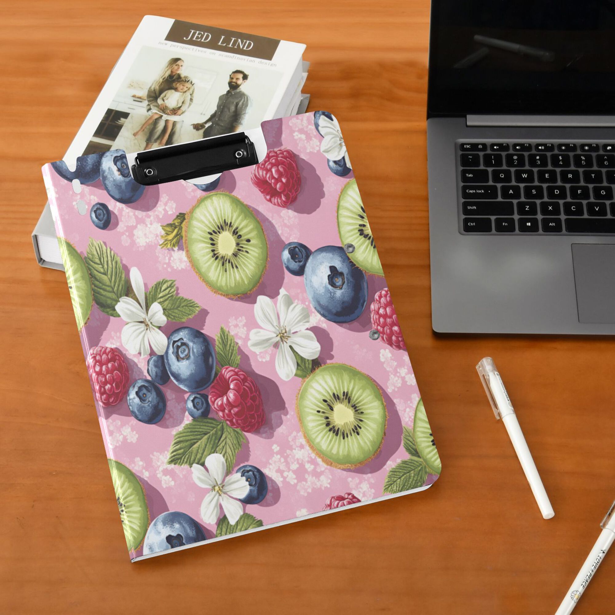 FORMRS A4 Clipboard Folder with Pen Holder Horizontal Foldable School Office Binder, Pink Blueberries