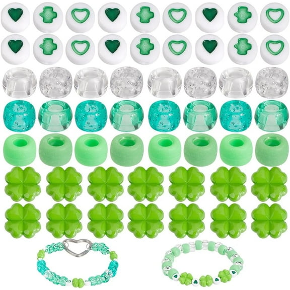 1 Box 800Pcs St. Patrick's Day Pony Beads Kit Green Acrylic Shamrock Beads Irish Classic Four Leaf for Jewelry Making Supplies DIY Bracelet Necklace Earrings Mixed Color
