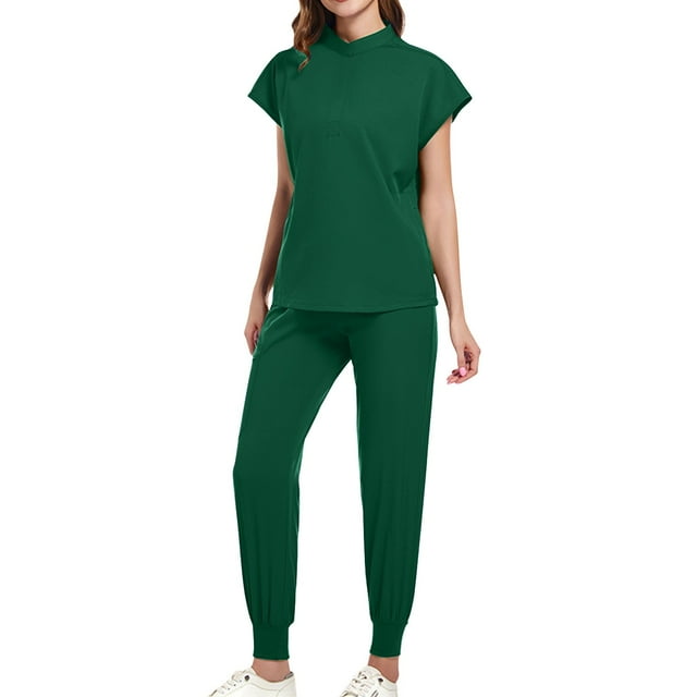 ZVNAH Ensembles de Blouses Médicales pour Femmes - Haut à Col Mandarin Doux et Extensible et Pantalons de Jogging, Coupe Décontractée, Design à Poches Zippées Latérales