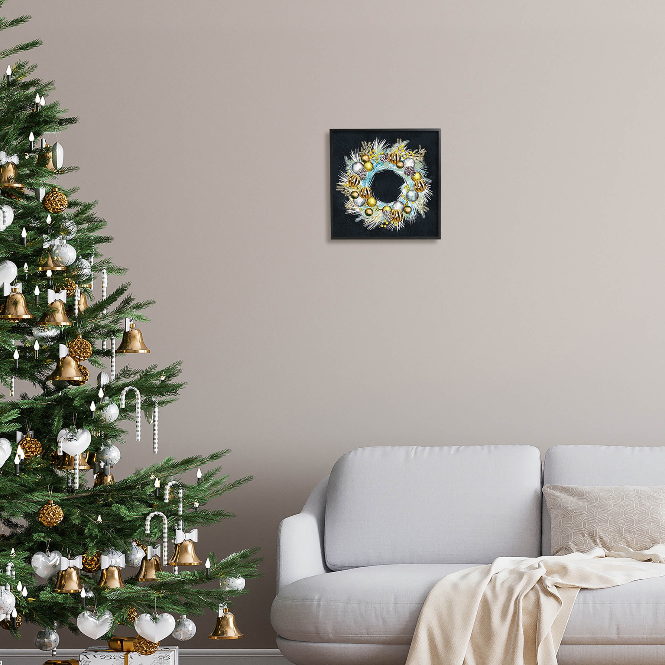 Gleaming Seasonal Pine Wreath Holiday Graphic Art Black Framed Art Print Wall Art