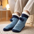 thumbnail image 4 of Women Sherpa Lined Cable Knit Slipper Socks with Pom Pom, Thick Warm Non Slip Home Socks, Cozy Fleece Lined Winter Cabin Socks for Indoor Wear Blue, 4 of 4