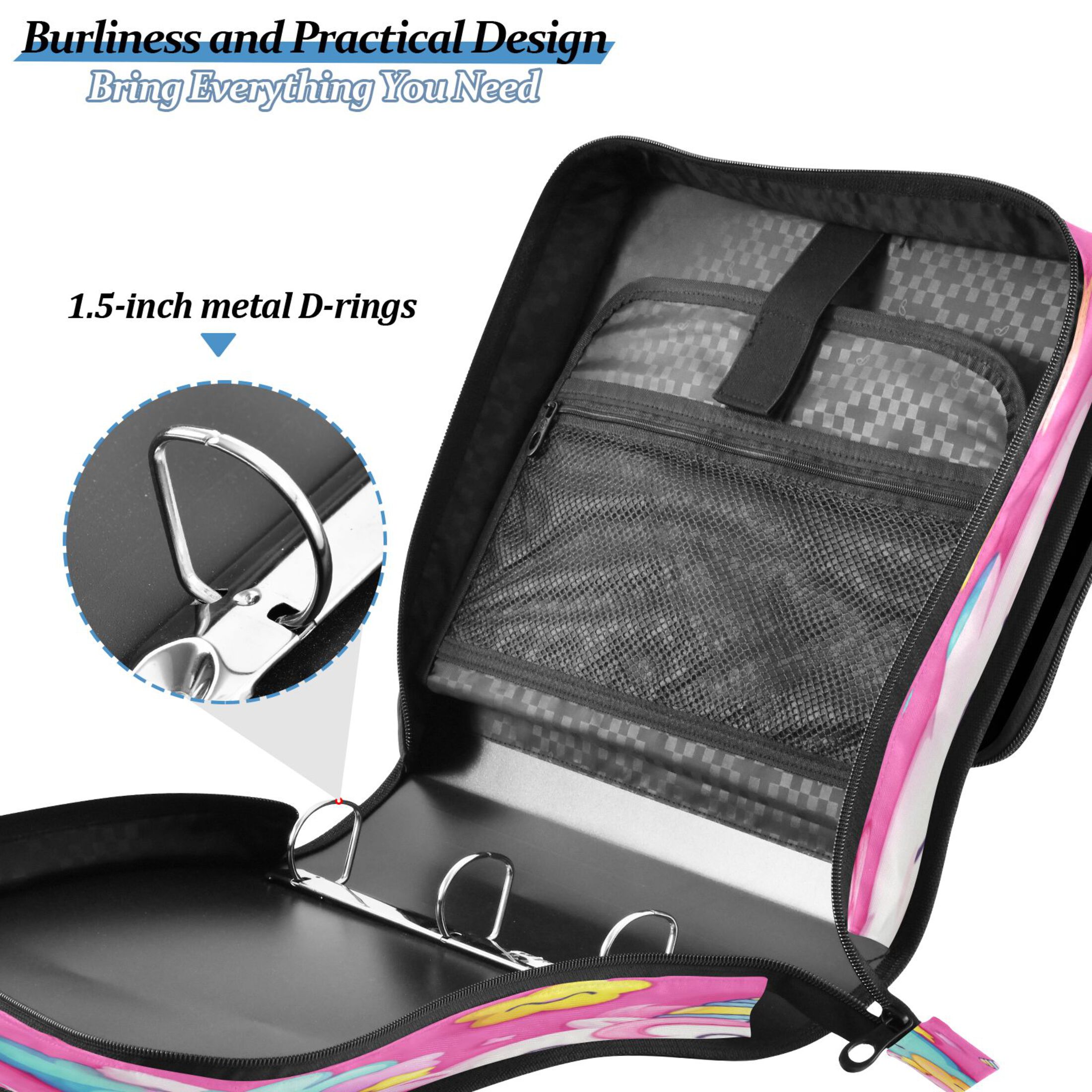 Water-Resistant 3-Ring Binder Organizer with Multiple Pockets Zipper Binder Bag for Office Unicorns and Clouds